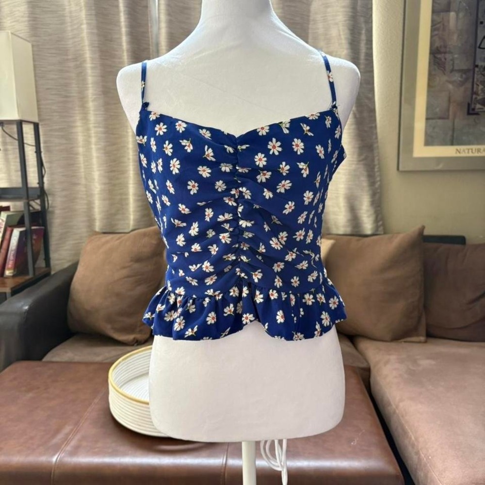 Topshop blue floral ruched top with ruffle hem